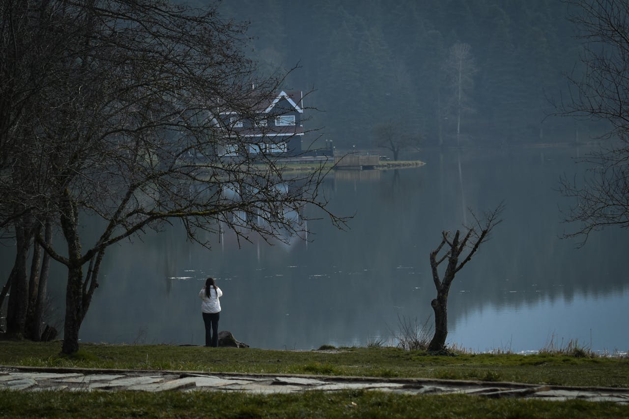 Tranquil scene of a person by Gölcük Lake, Bolu, with a misty forest and cottage in the background.
